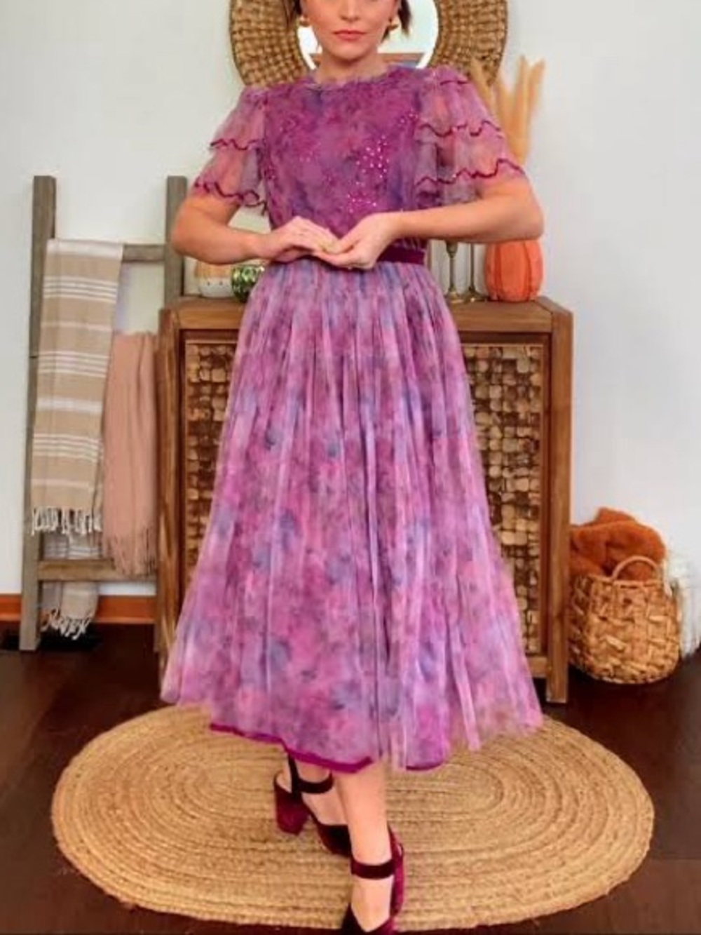 Ivy City Co. Sugar Plum Fairy Midi in Purple Floral Tulle Dress size M
